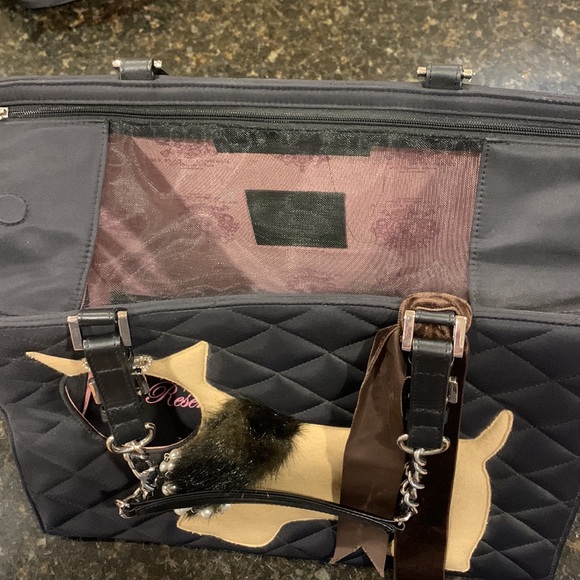 My Flat in London Dog Carrier Tote Purse Black Tan Pearls Fur Crystal Tiara - Picture 8 of 11